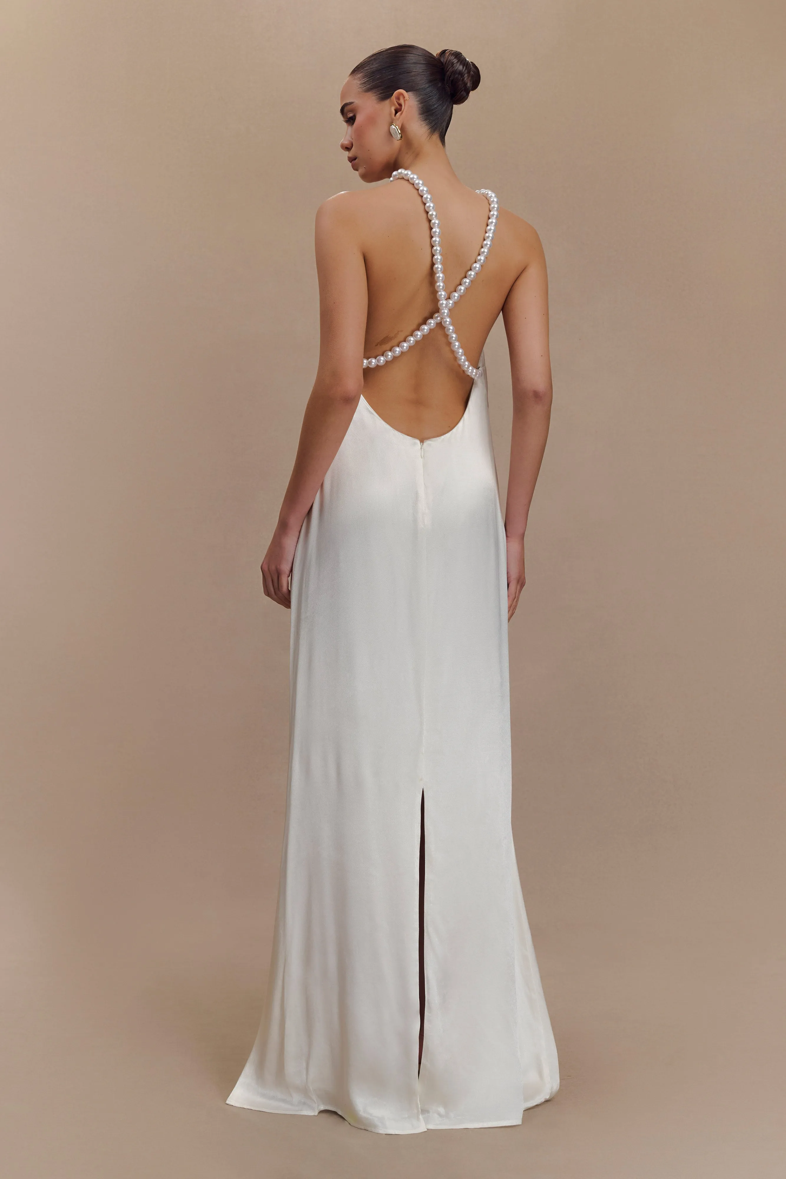 Blanche Satin Pearl Halter Maxi Dress - White