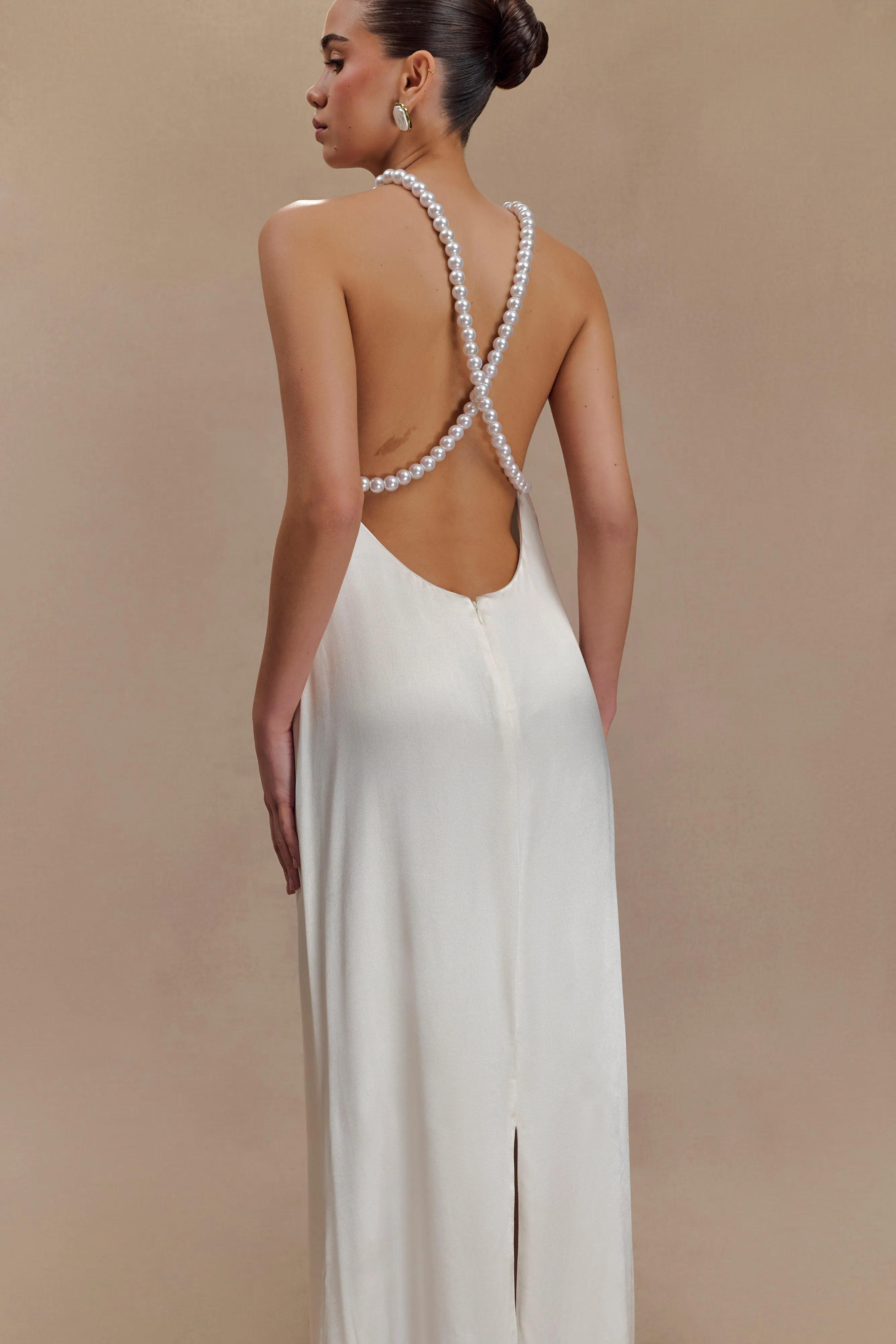 Blanche Satin Pearl Halter Maxi Dress - White