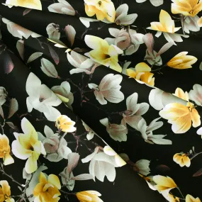 Blooming Magnolia Branches Stretch Sateen Black