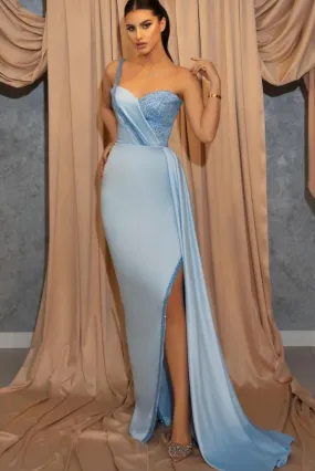 Blue Long A-Line One Shoulder Sweetheart Prom Dress With Slit