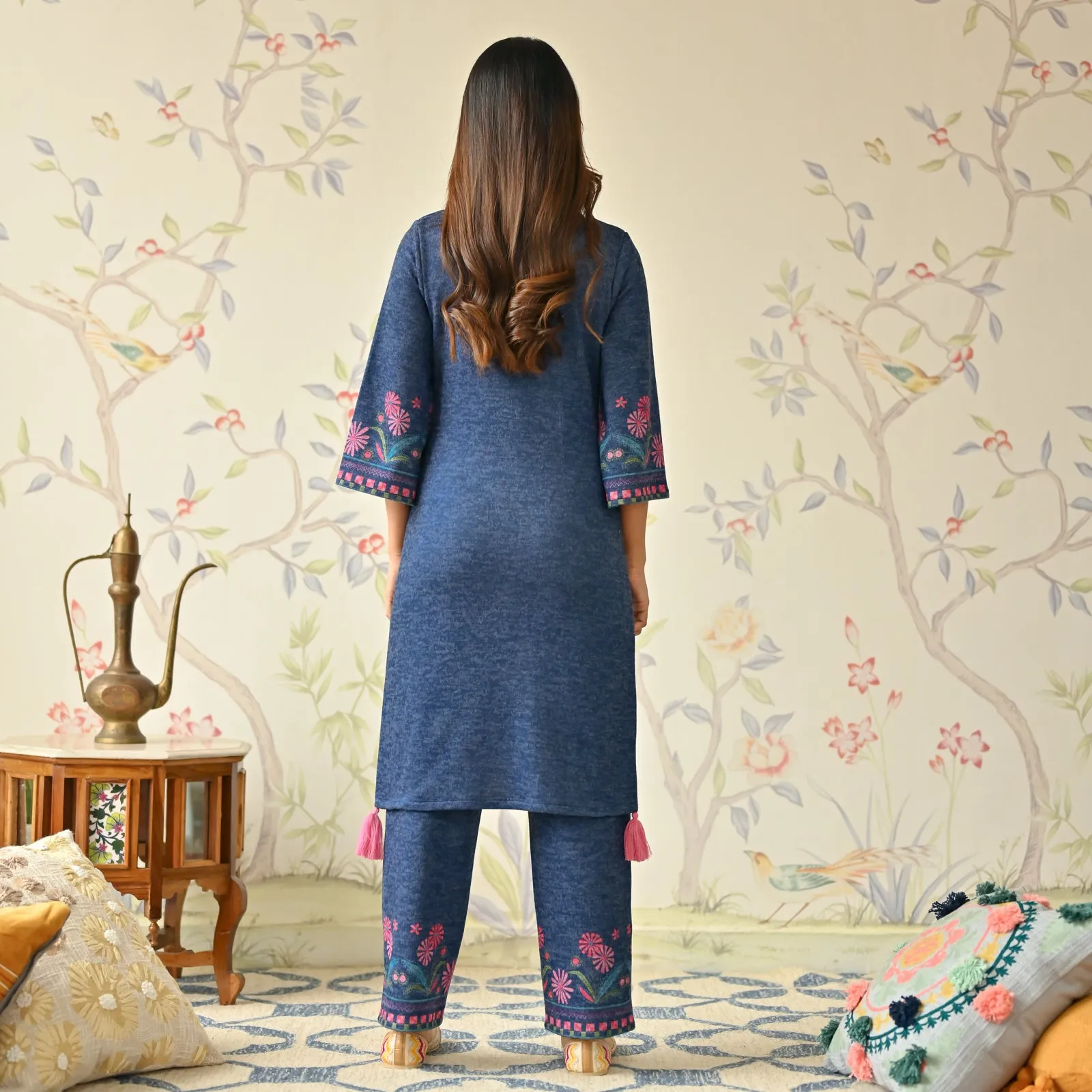 Blue Tribal Woollen Kurta with Tassel Detailing