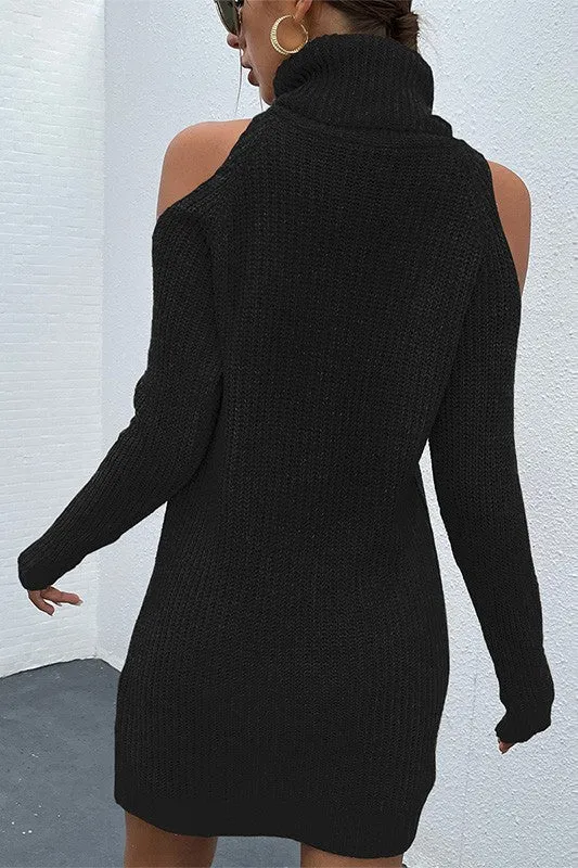 Blue Zone Planet |  Black Black Turtleneck Cold-Shoulder Sweater Dress