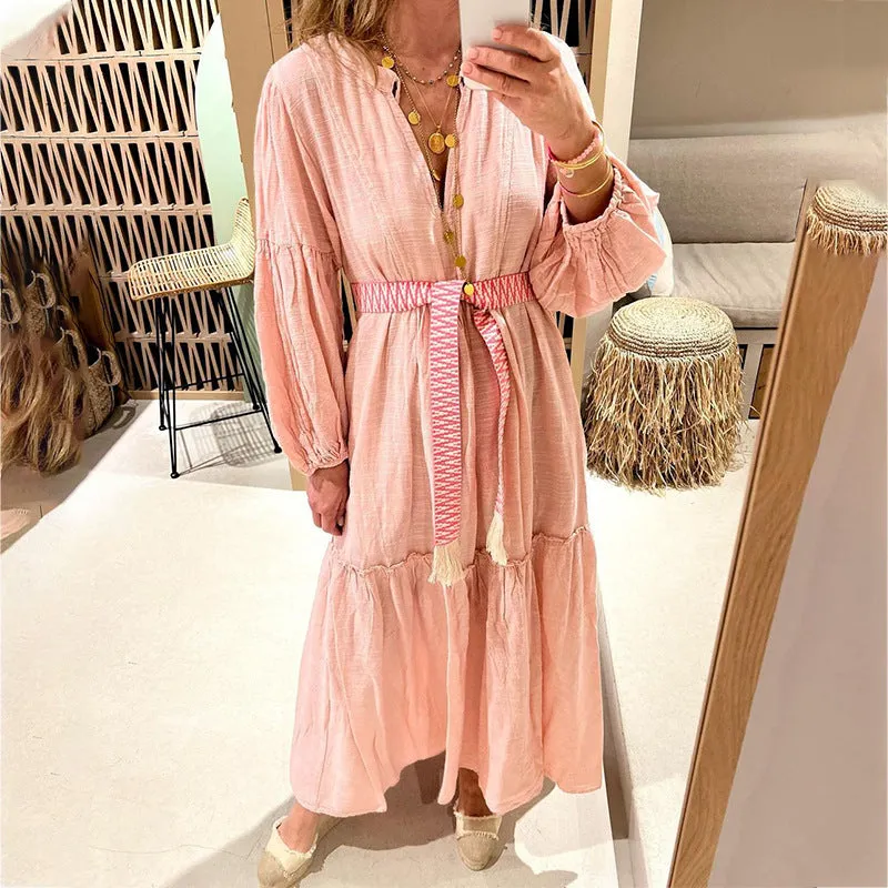 Boho Chic Bubble Sleeve Bohemian Cotton Linen Maxi Dress