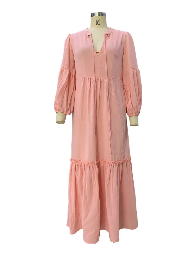 Boho Chic Bubble Sleeve Bohemian Cotton Linen Maxi Dress