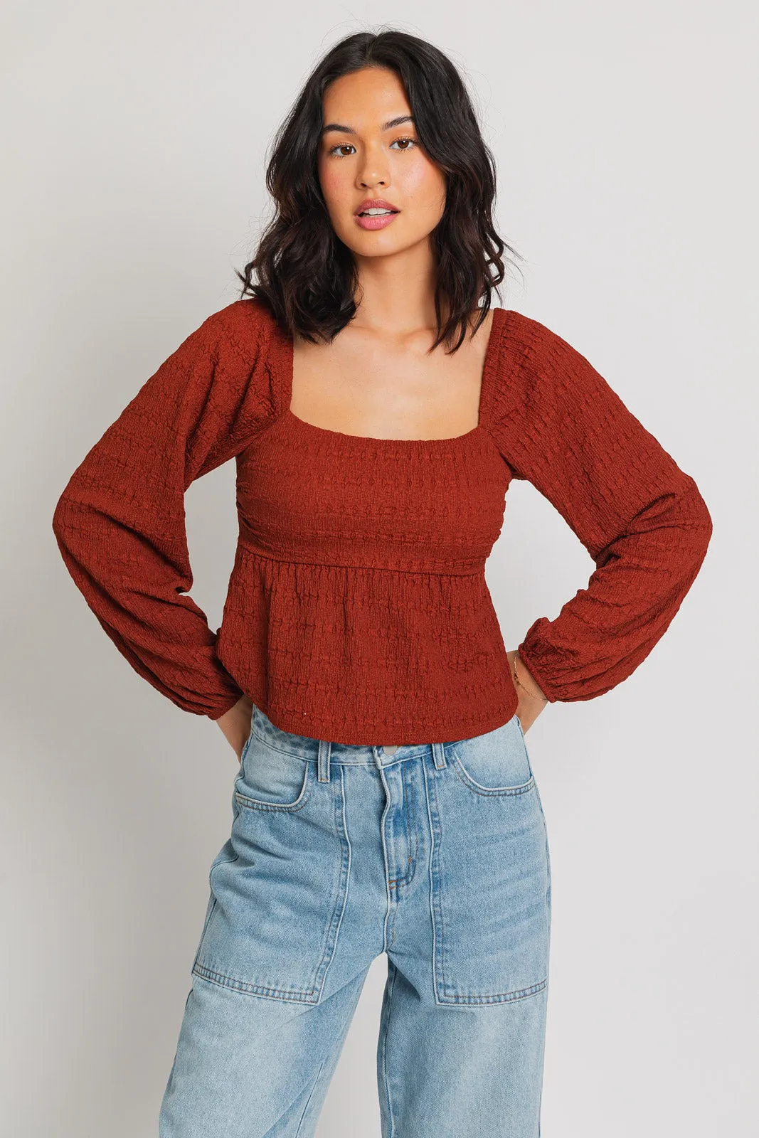 Brick Long Puff Sleeve Ruched Babydoll Top