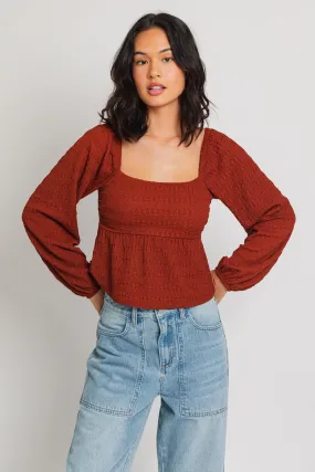 Brick Long Puff Sleeve Ruched Babydoll Top