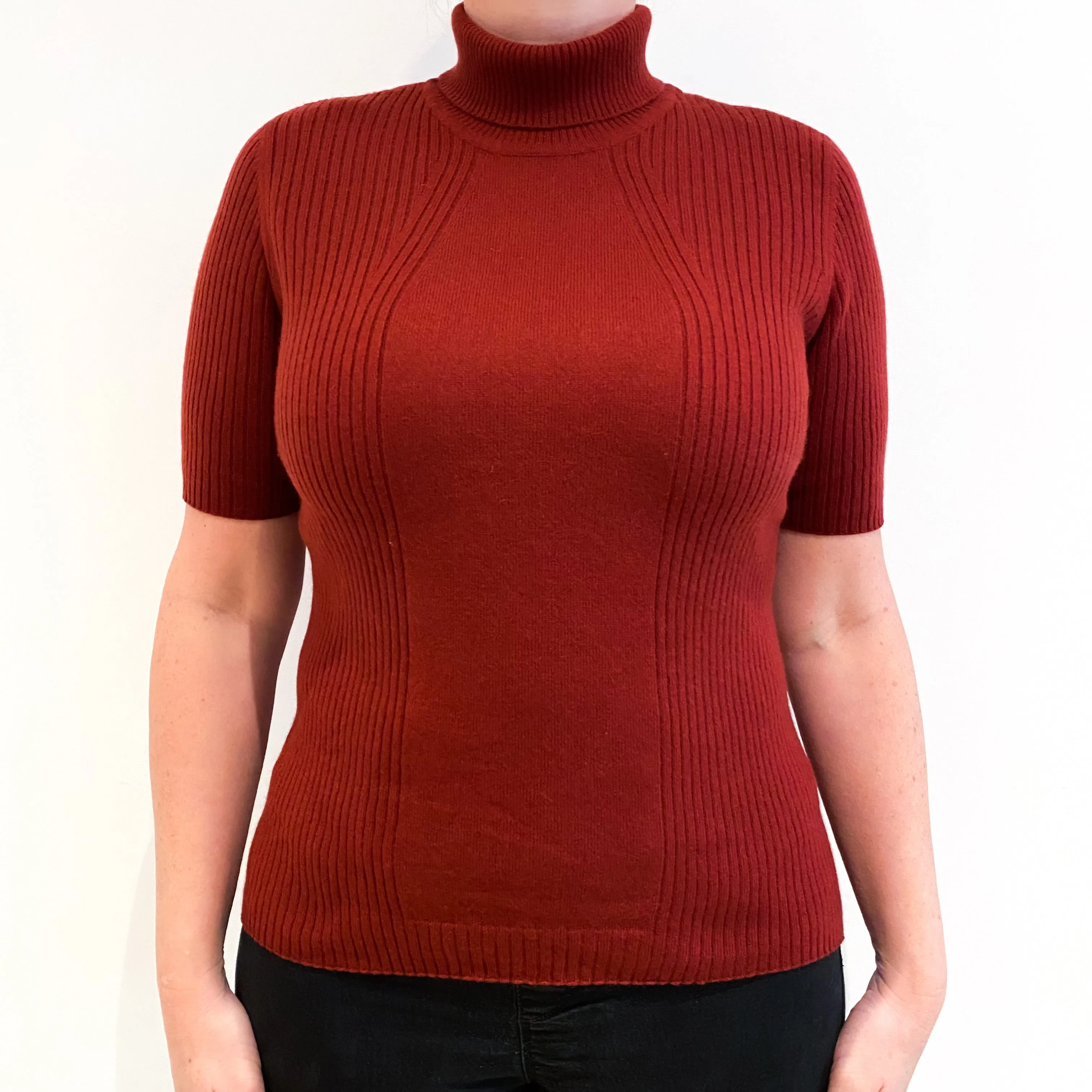 Brick Red Short Sleeved Cashmere Polo Neck Jumper