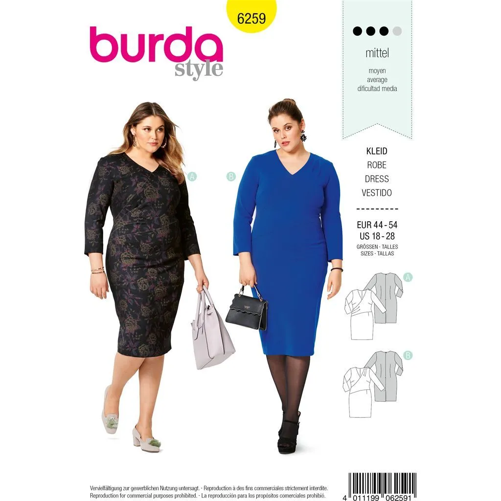 Burda Style Pattern B6259 Women's Dresses, Wrap Front Detail, Designed for Stretch Knits