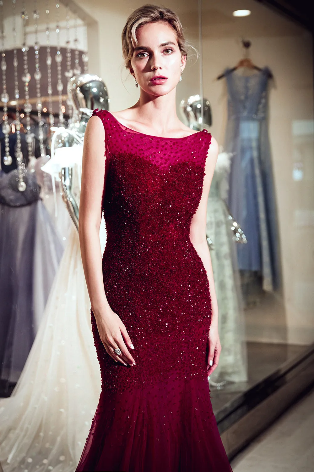 Burgundy Long Mermaid Tulle Sequined Evening Dresses