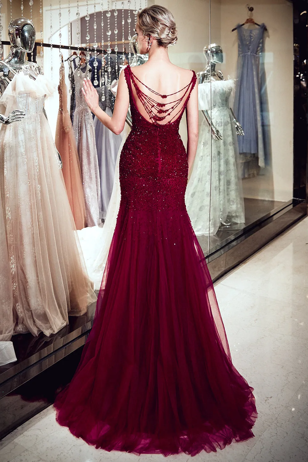 Burgundy Long Mermaid Tulle Sequined Evening Dresses