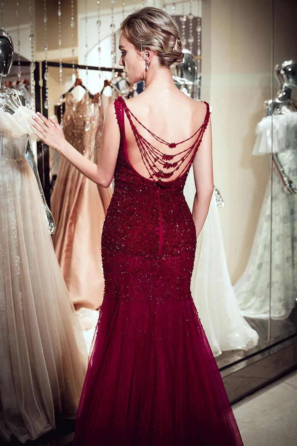 Burgundy Long Mermaid Tulle Sequined Evening Dresses