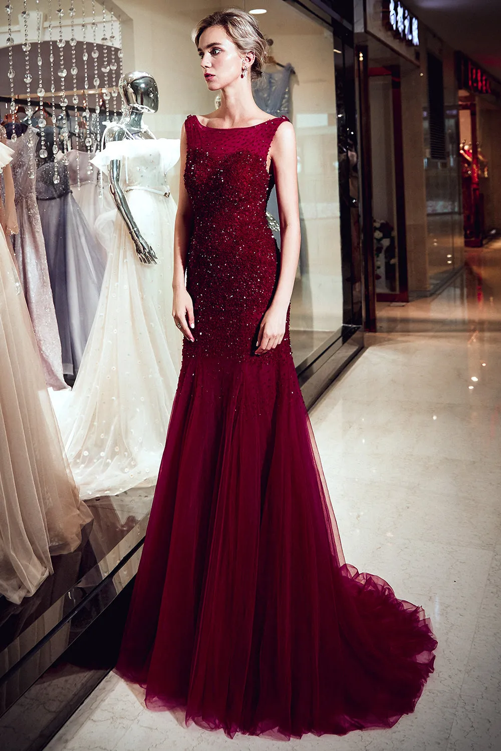 Burgundy Long Mermaid Tulle Sequined Evening Dresses