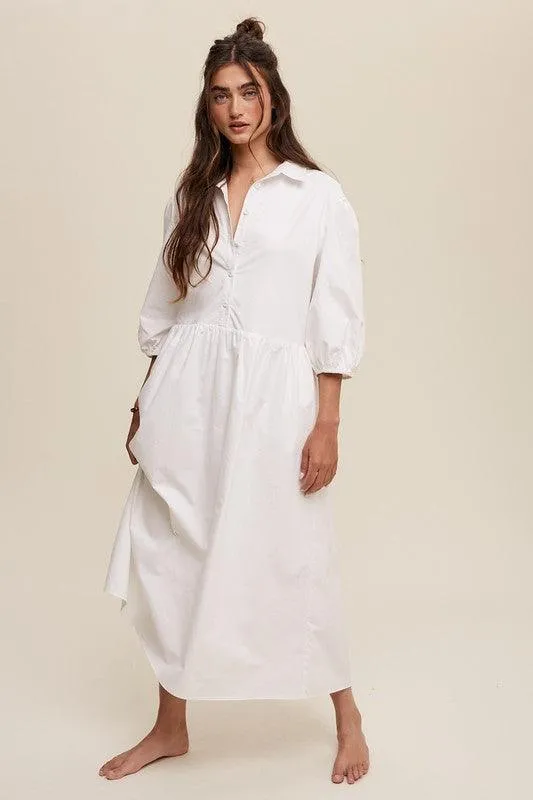 Button Front Puff Sleeve Babydoll Maxi Dress