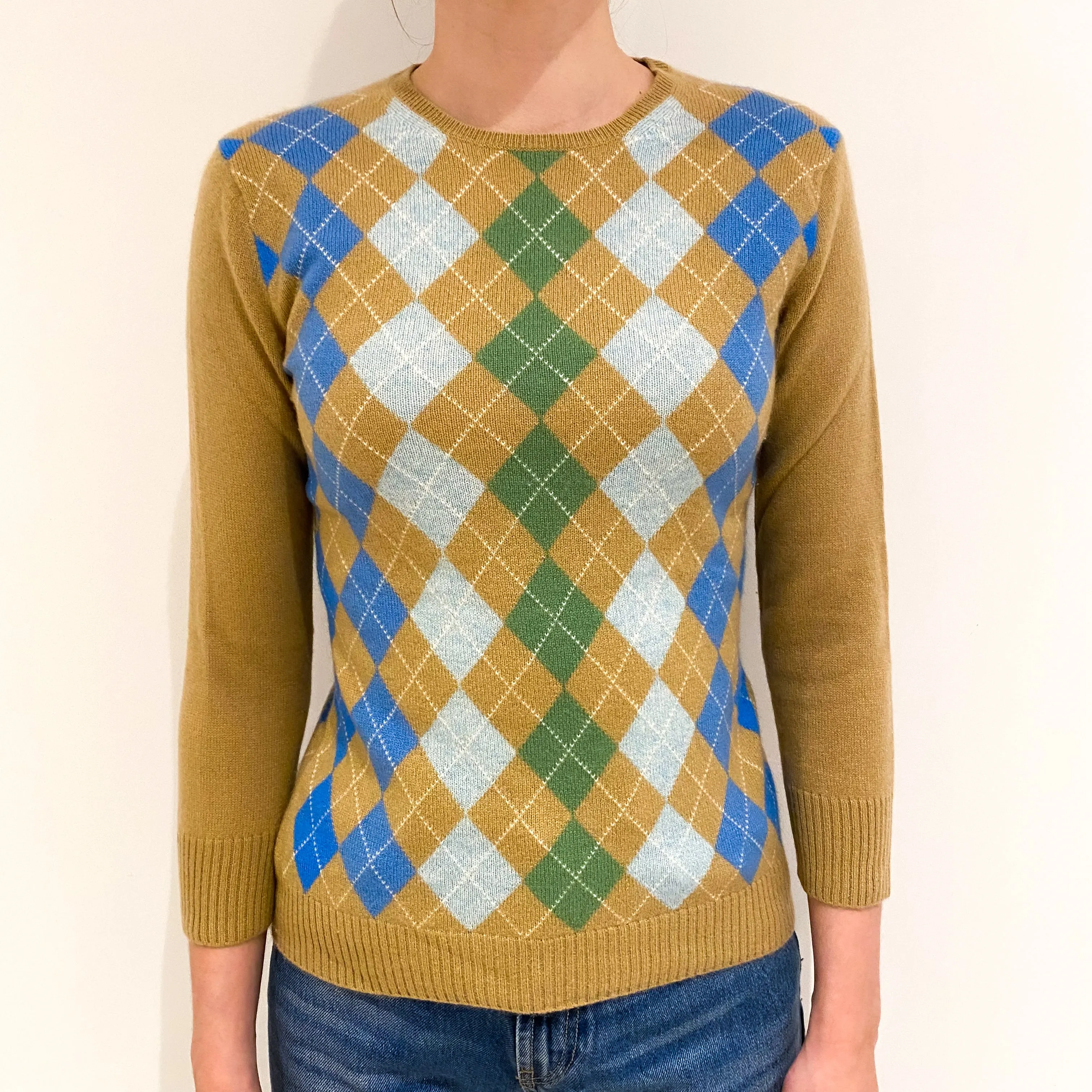 Camel, Blue and Green Argyle Cashmere Crew Neck Jumper Extra Small