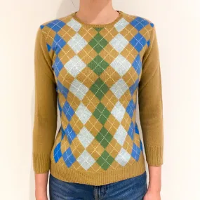 Camel, Blue and Green Argyle Cashmere Crew Neck Jumper Extra Small