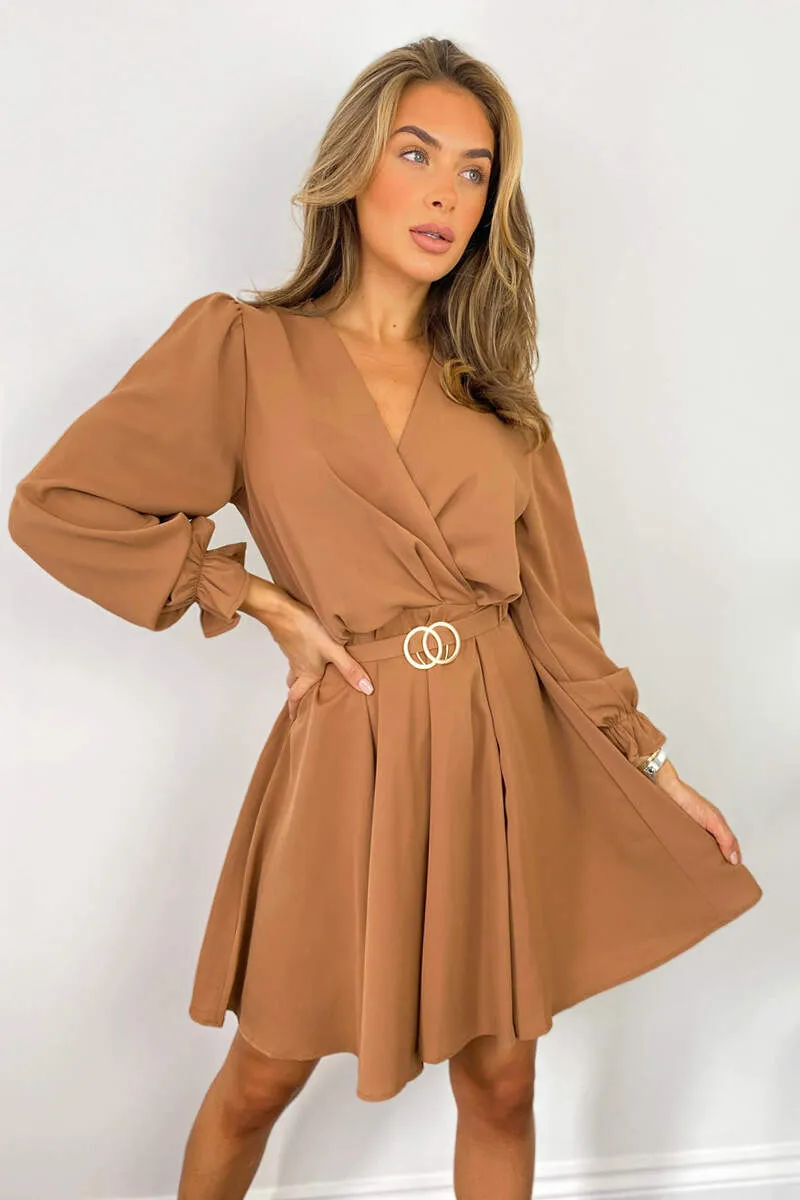 Camel Wrap Over Belted Skater Dress