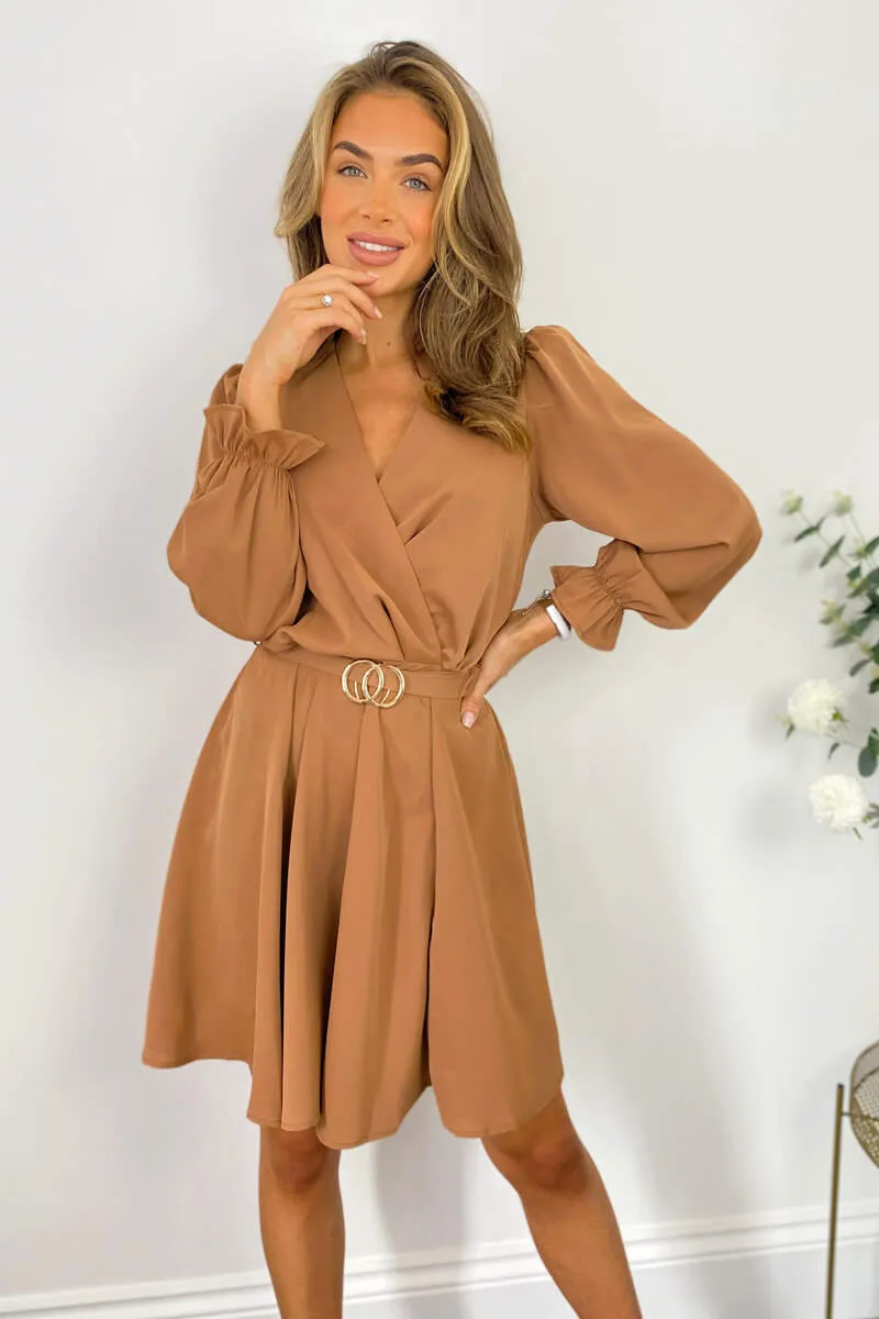 Camel Wrap Over Belted Skater Dress