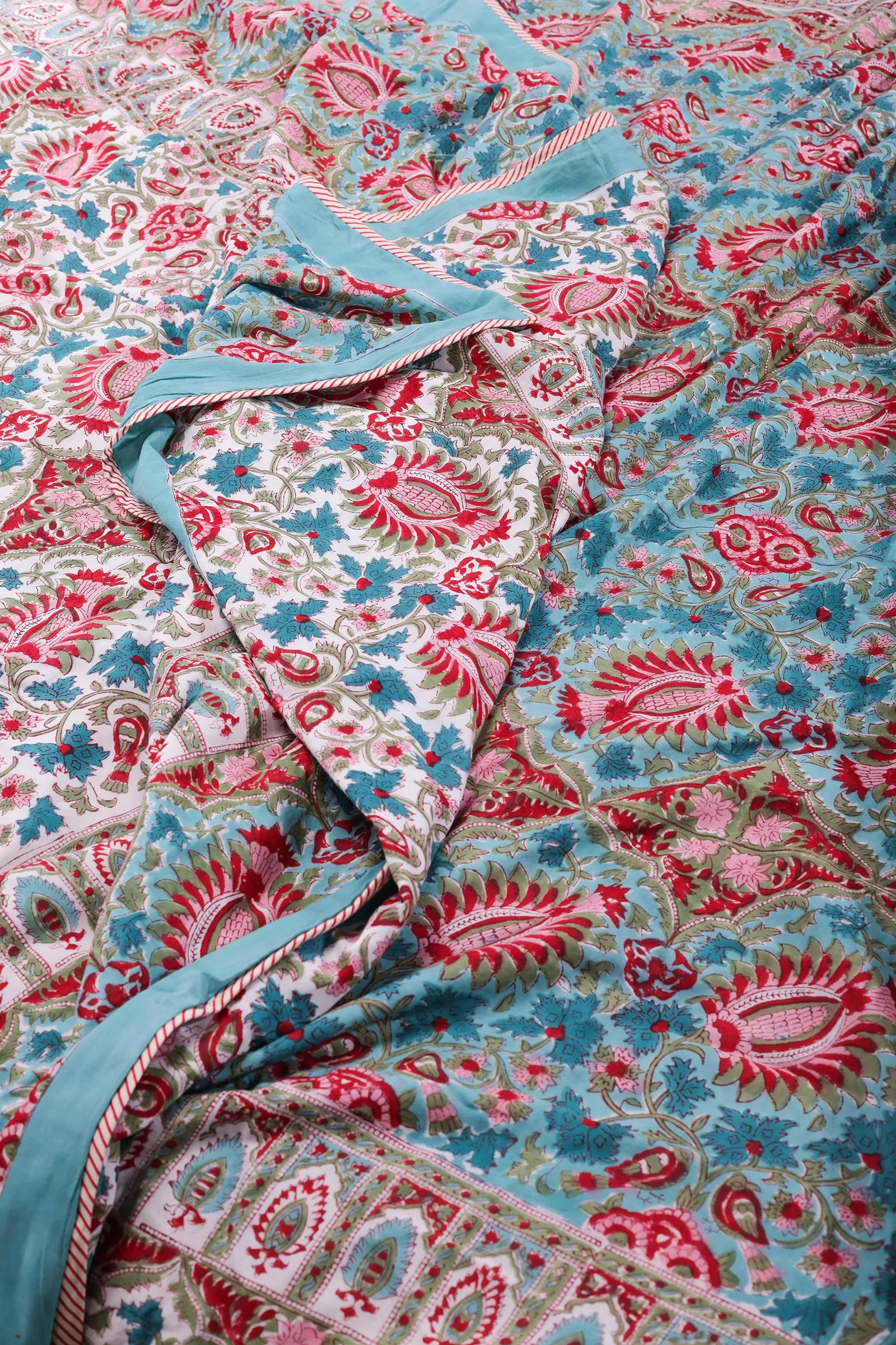 Charmine Floral Bloom Turquoise Reversible Cotton Muslin Dohar