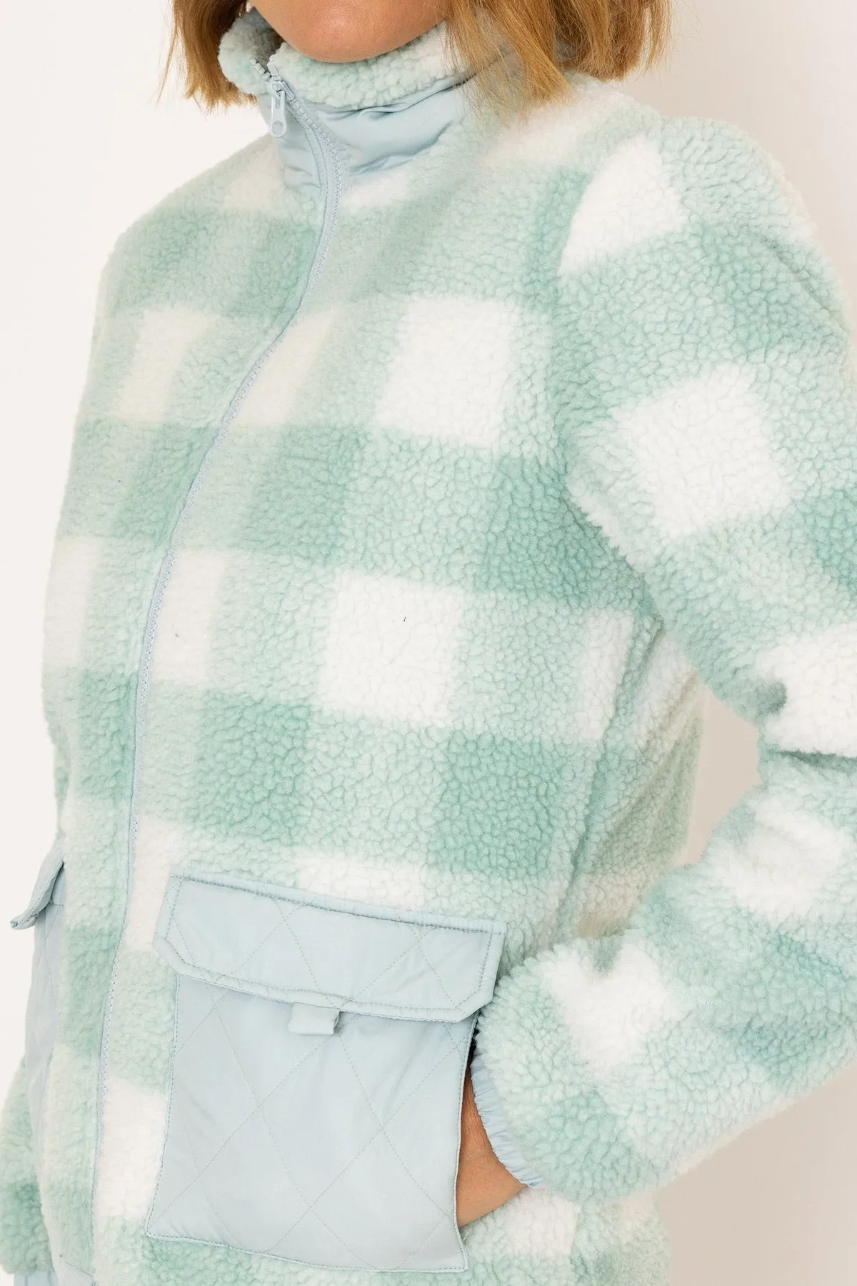 Check Fleece With Patch Pocket in White & Sage Green