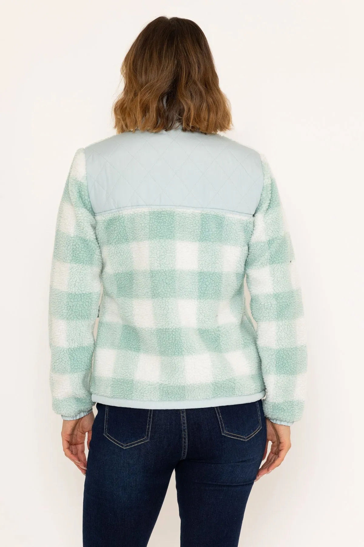 Check Fleece With Patch Pocket in White & Sage Green