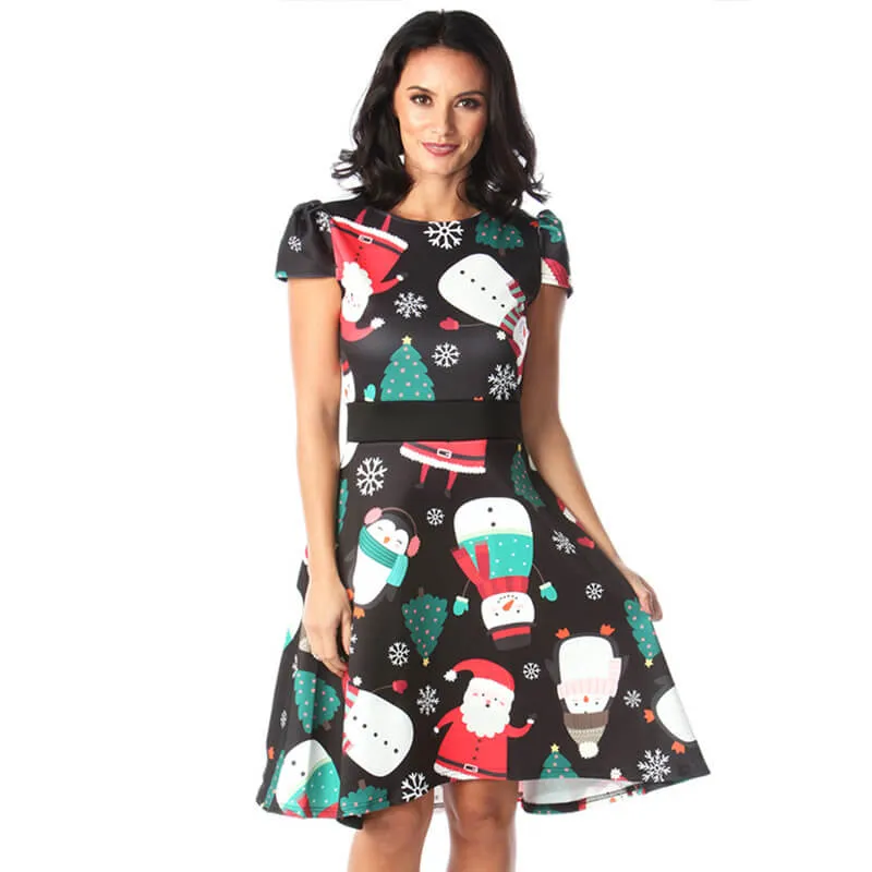 Christmas Print Empire Waist Cap Sleeve Dress