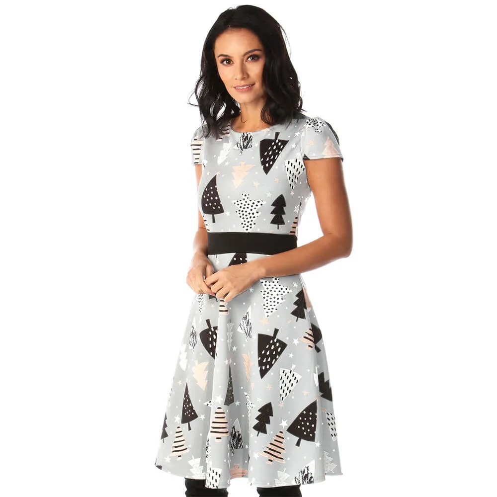 Christmas Print Empire Waist Cap Sleeve Dress