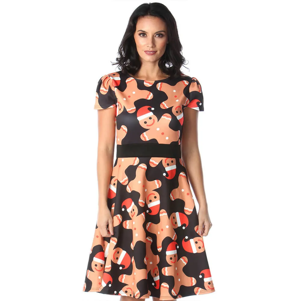 Christmas Print Empire Waist Cap Sleeve Dress