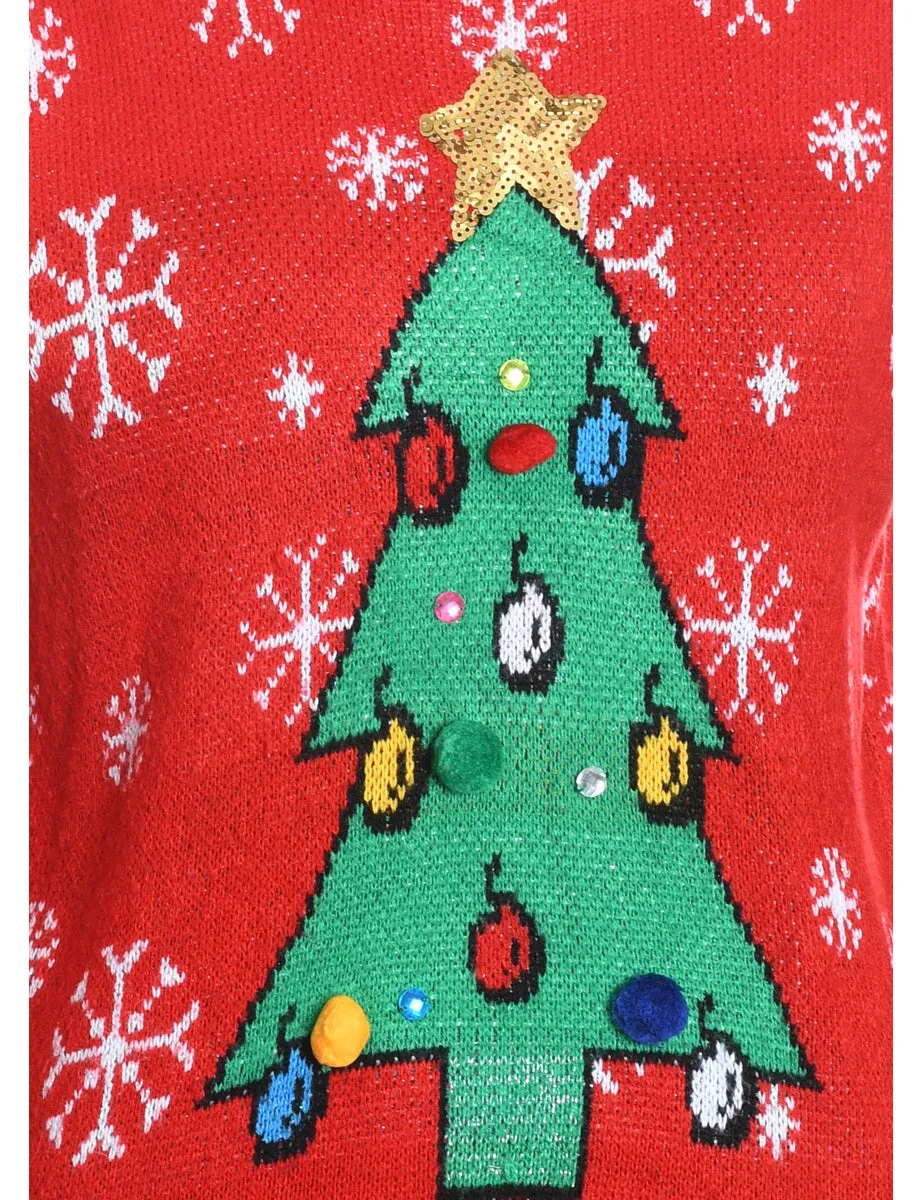 Christmas Tree Design Red Knit Jumper - XL