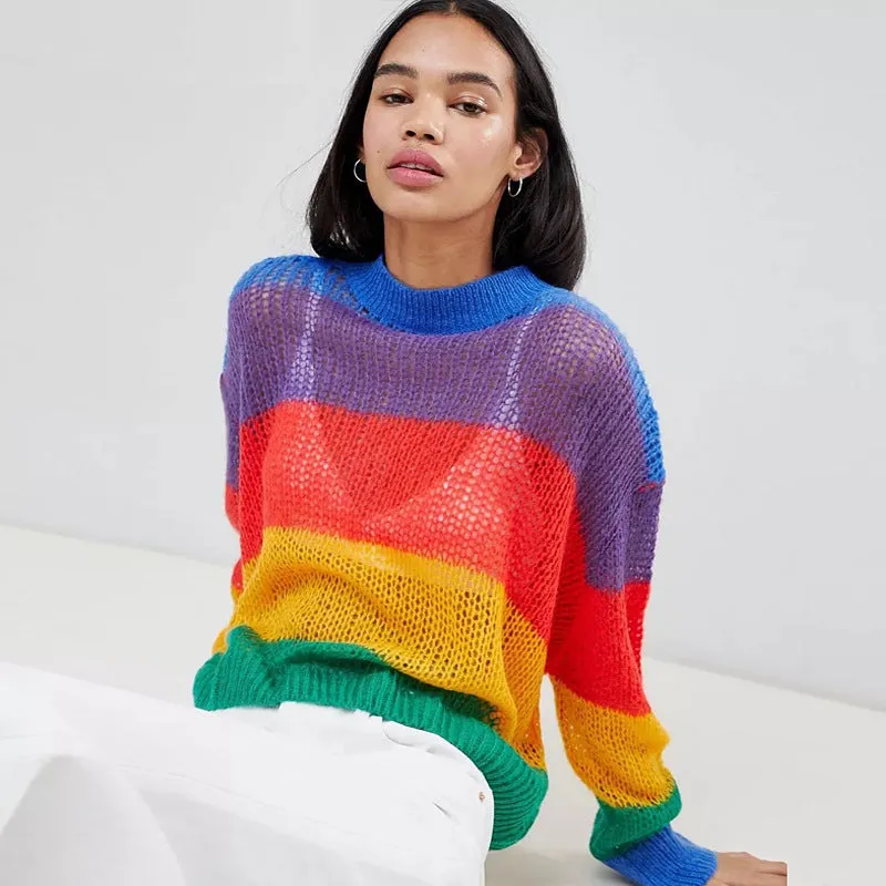 Colorful Rainbow Stripes Patchwork Loose Long Sleeves Women Pullover Sweater