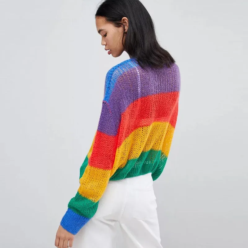 Colorful Rainbow Stripes Patchwork Loose Long Sleeves Women Pullover Sweater