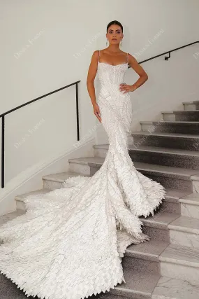 Custom-Made Glitter Leaves Thin Straps Long Train Wedding Dress