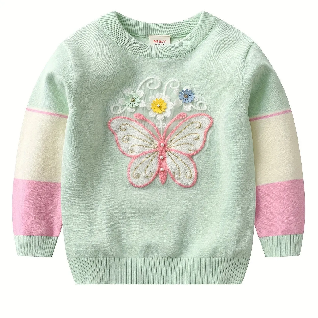 Cute Embroidered Pullover Top for Girls – Daisies, Pearls, and Butterflies 🌼🦋