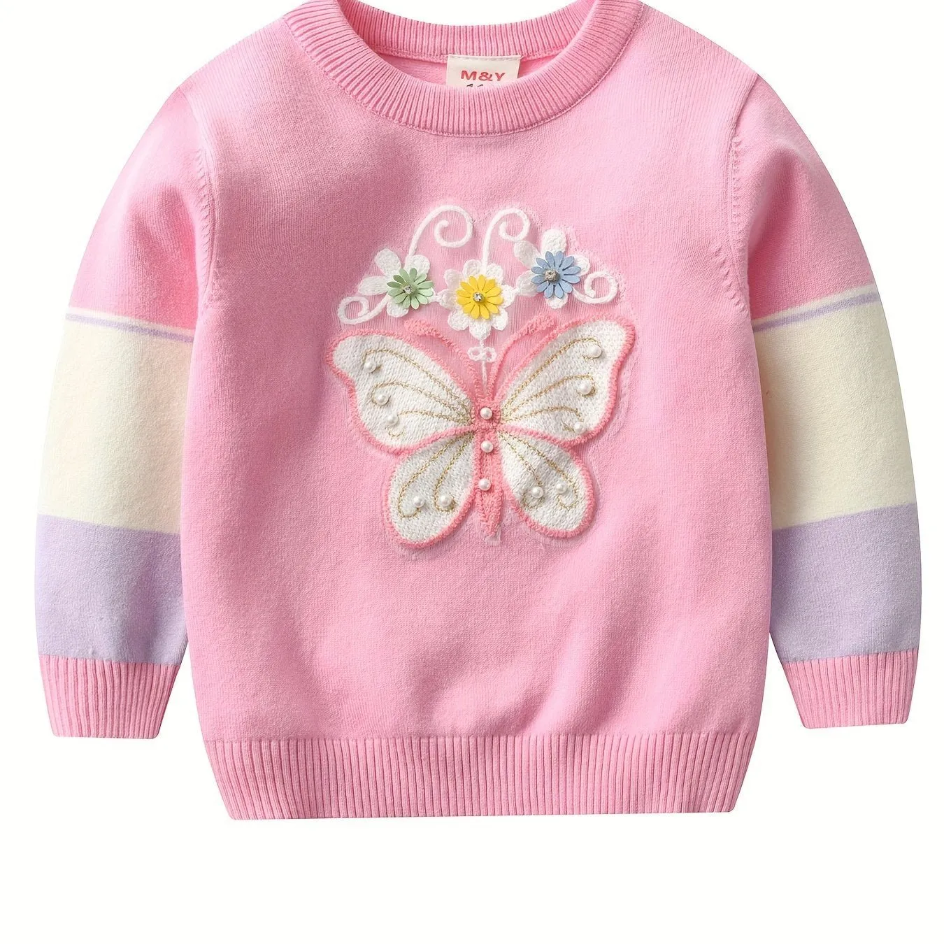 Cute Embroidered Pullover Top for Girls – Daisies, Pearls, and Butterflies 🌼🦋