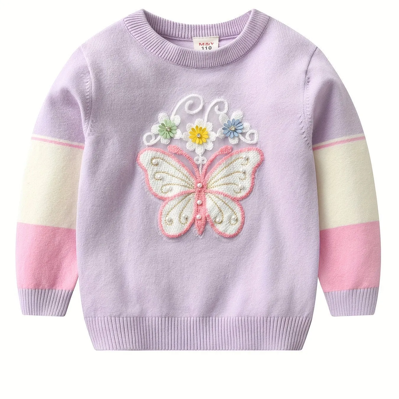 Cute Embroidered Pullover Top for Girls – Daisies, Pearls, and Butterflies 🌼🦋