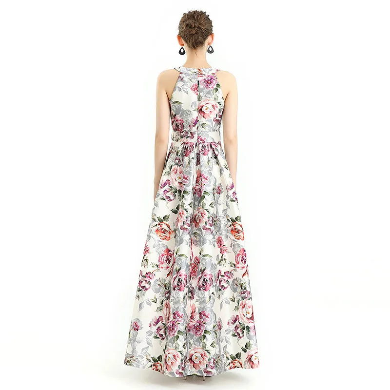 D112 Women floral print halter neck sleeveless full circle flared maxi evening dress