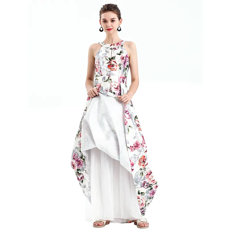 D112 Women floral print halter neck sleeveless full circle flared maxi evening dress