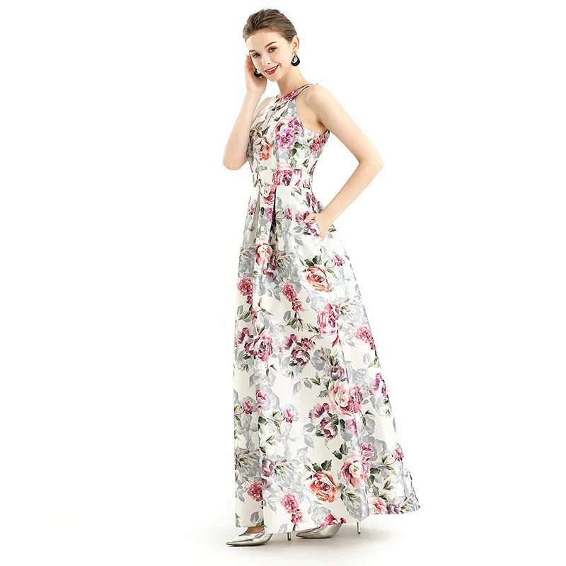 D112 Women floral print halter neck sleeveless full circle flared maxi evening dress