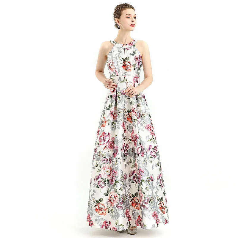 D112 Women floral print halter neck sleeveless full circle flared maxi evening dress