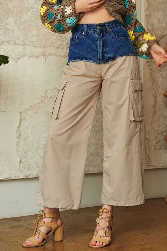 Denim Patchwork Wide Leg Pants with Cargo Pockets