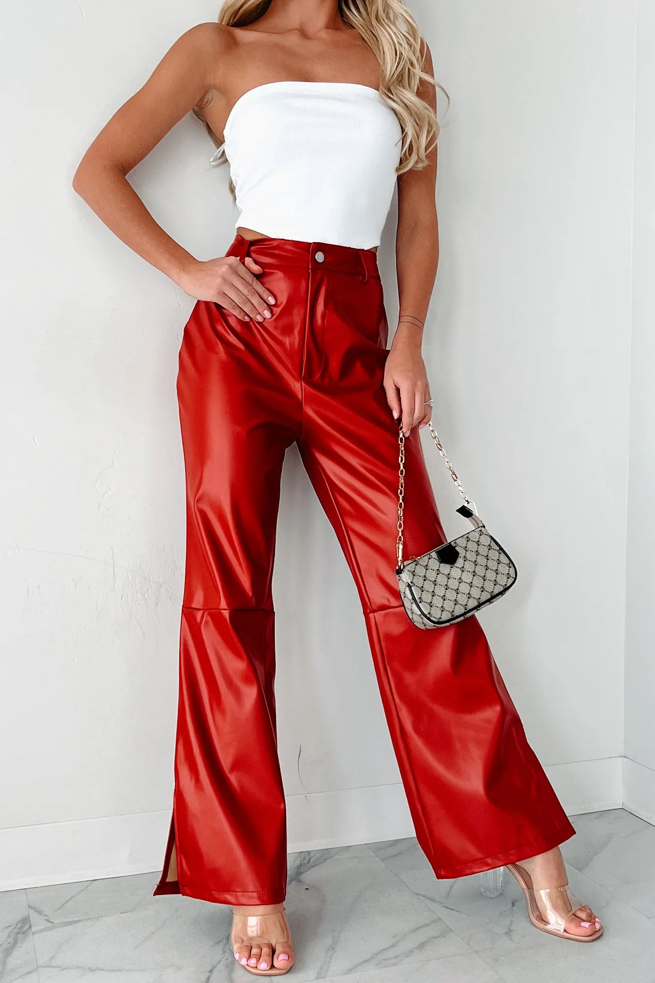 Downtown Diva Faux Leather Flare Pants (Red)