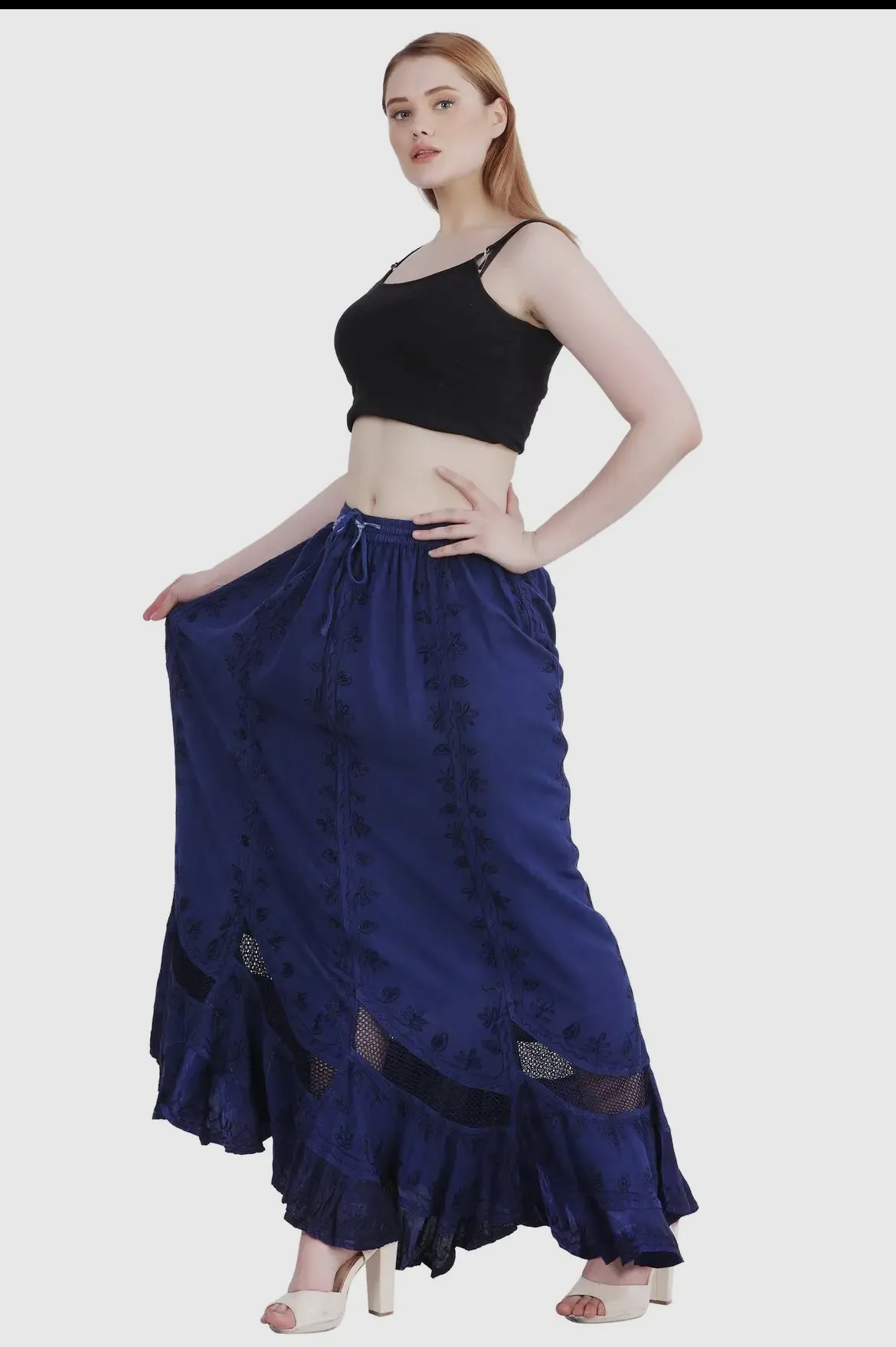 Embroidered Maxi Skirt in Dark Royal Blue