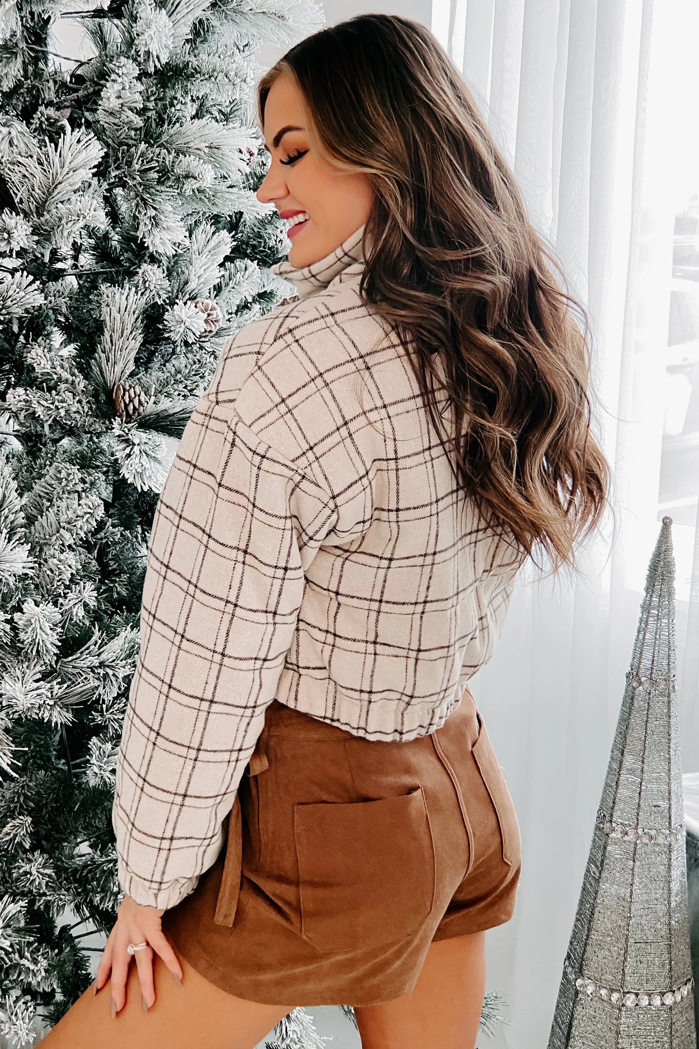 European Adventures Cropped Plaid Jacket (Taupe/Brown Plaid)