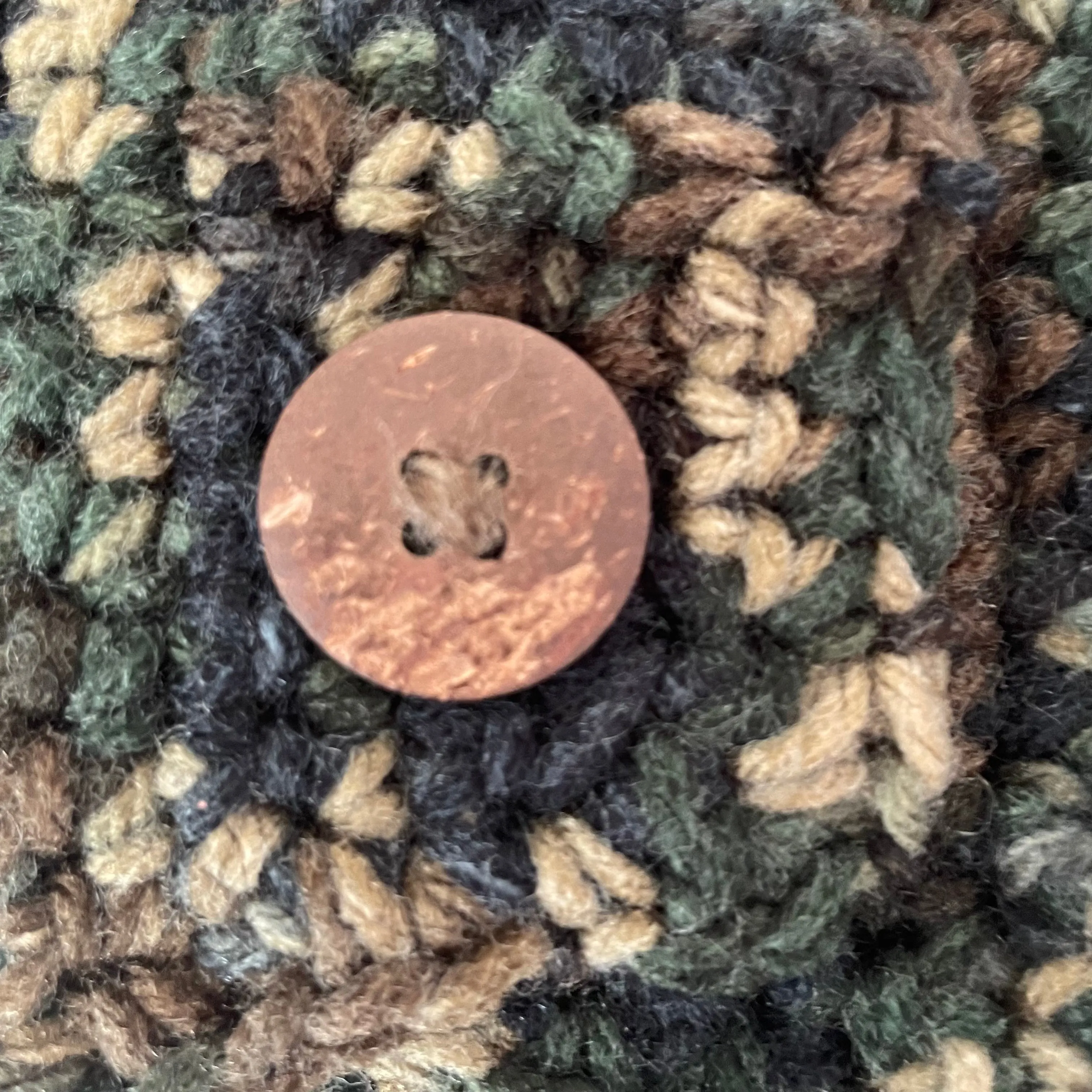 Extra Wide Camouflage Ear Warmer Wood Button Accent 22.25" Fall Winter Outdoor Headband Hand Crocheted Knit