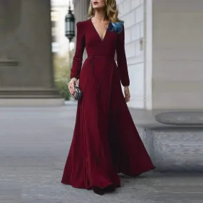 FashionSierra - Women Lady V Neck Long Sleeve Maxi Dress