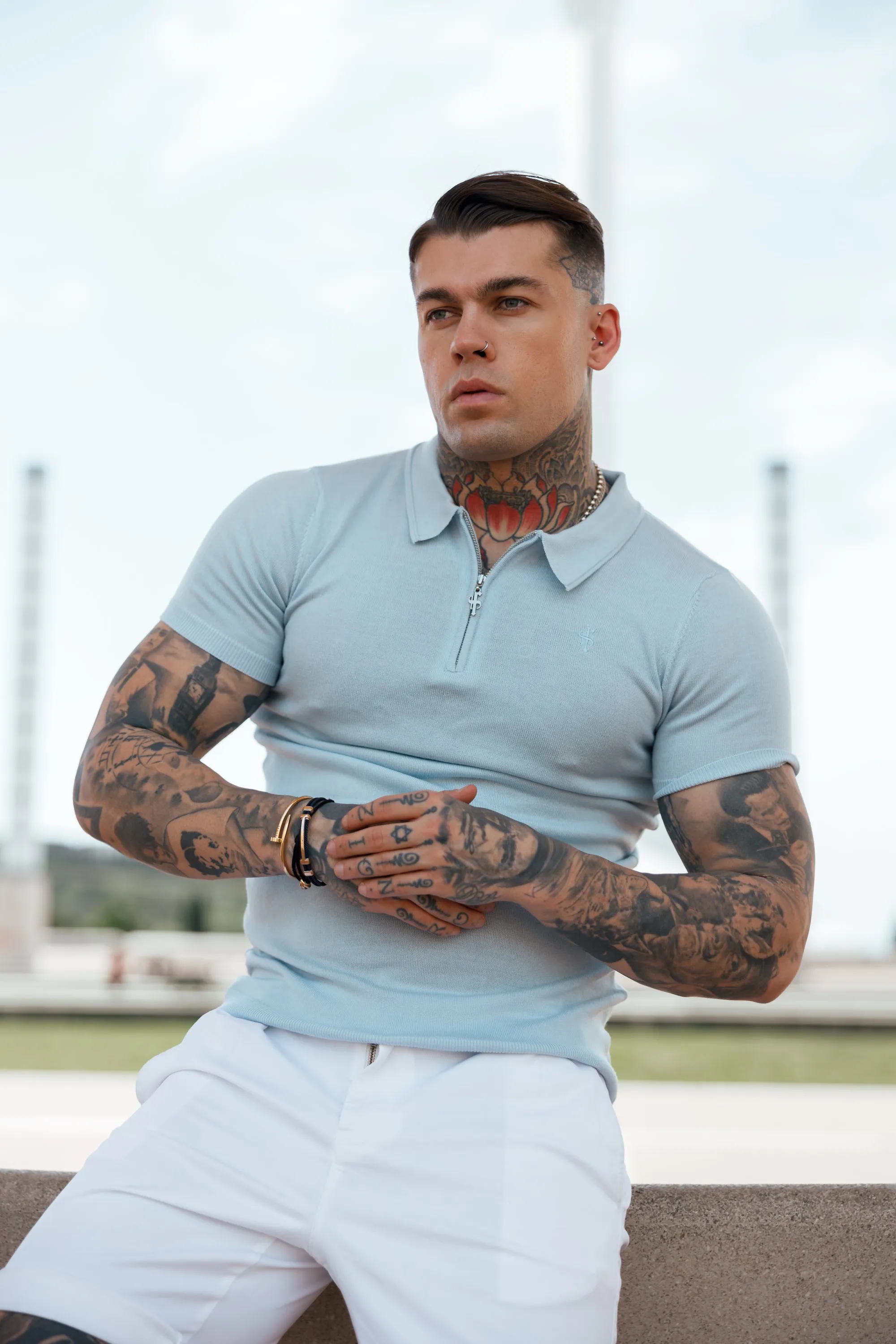 Father Sons Classic Powder Blue Merino Wool Knitted Zip Polo Short Sleeve Jumper With FS Embroidery- FSN031