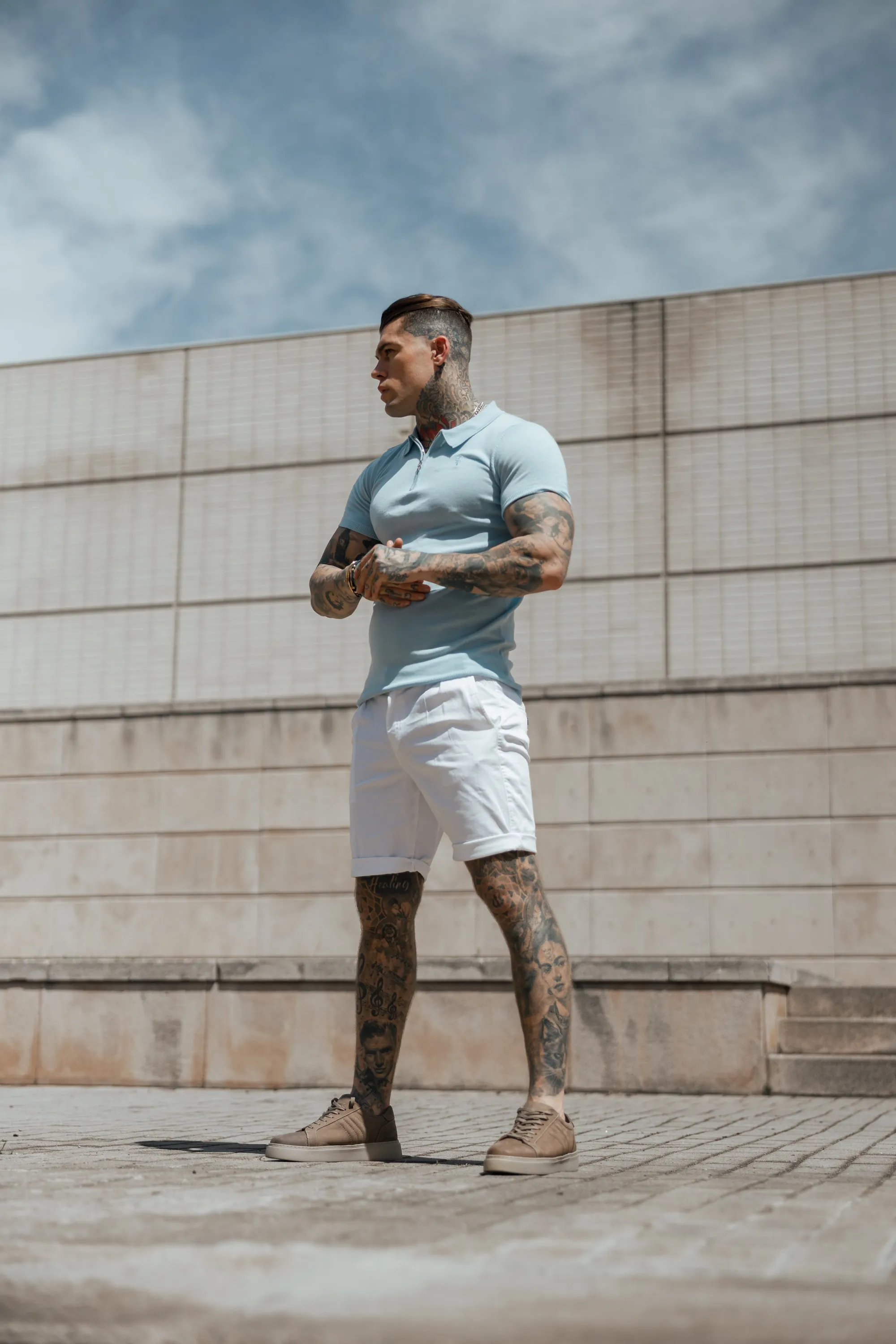 Father Sons Classic Powder Blue Merino Wool Knitted Zip Polo Short Sleeve Jumper With FS Embroidery- FSN031