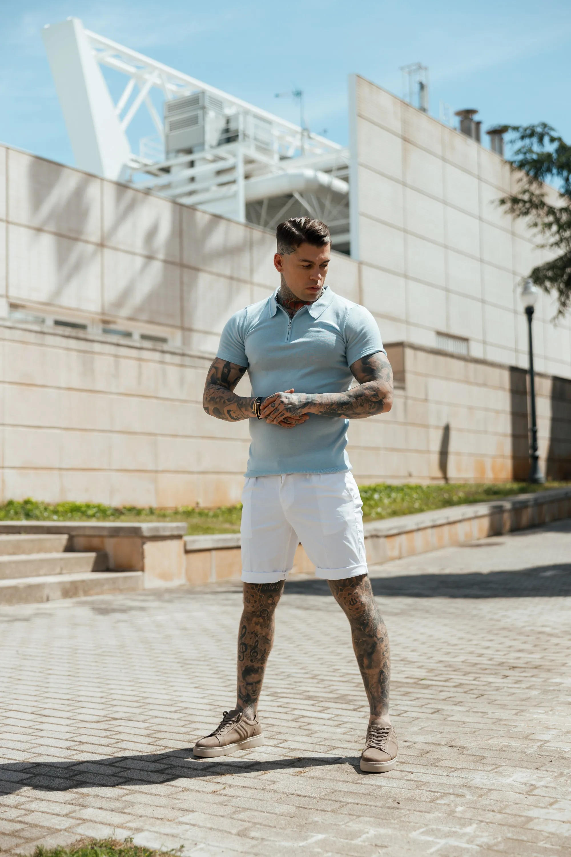 Father Sons Classic Powder Blue Merino Wool Knitted Zip Polo Short Sleeve Jumper With FS Embroidery- FSN031