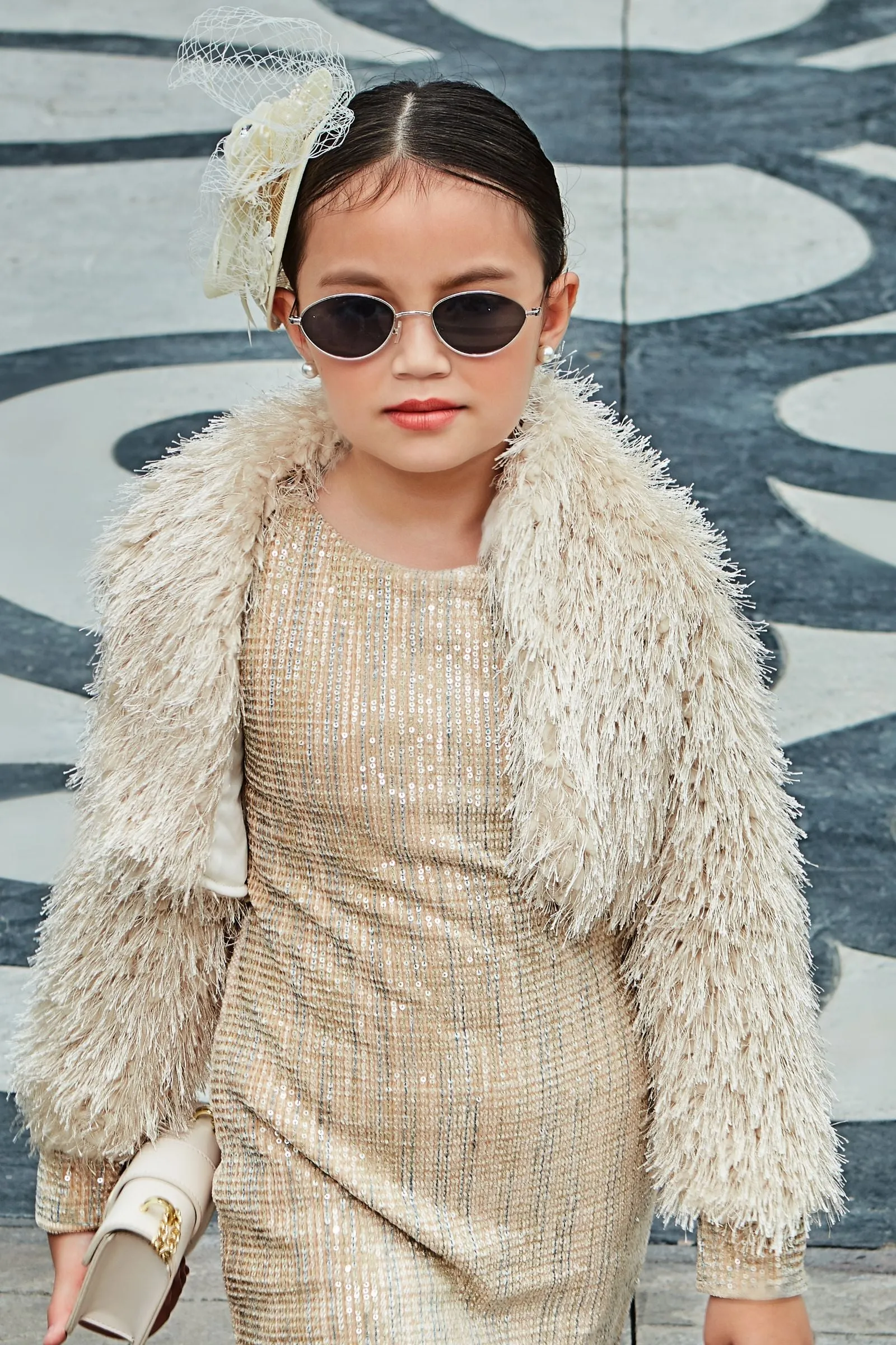 Fawn Sequins work Overcoat Styled Short Frock For Girls