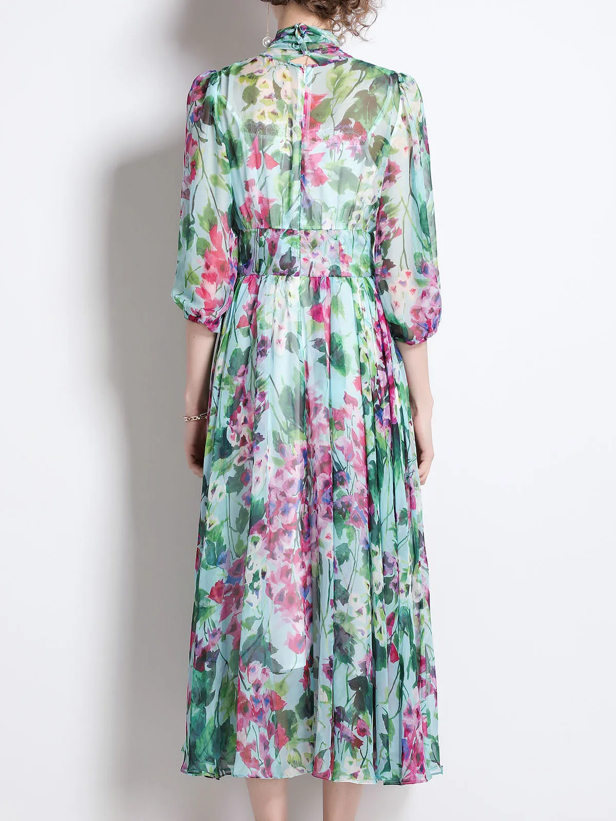 Floral Printed Bowknot Collar 3/4Sleeves Swing Beach Maxi Boho Dress