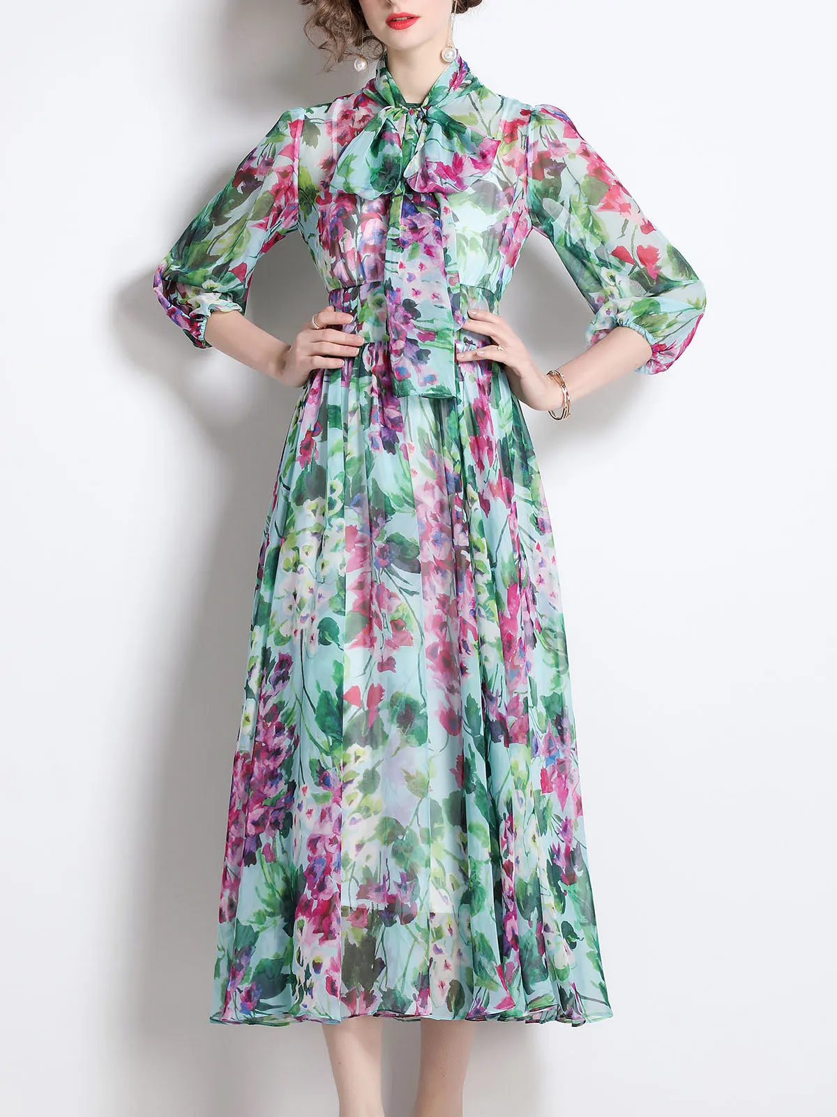 Floral Printed Bowknot Collar 3/4Sleeves Swing Beach Maxi Boho Dress